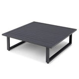Square black outdoor coffee table with slatted metal top and modern frame