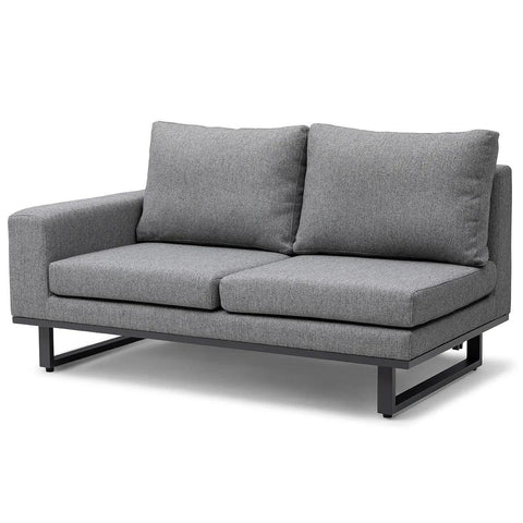 Grey fabric sofa with metal legs and wide armrests, modern two-seater design