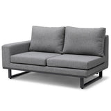 Grey fabric sofa with metal legs and wide armrests, modern two-seater design