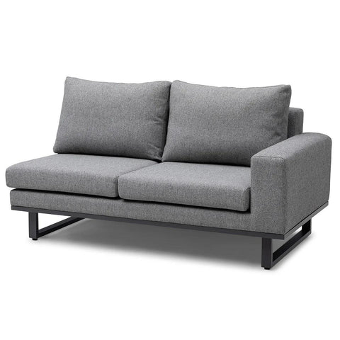 Grey fabric sofa with black metal base and right armrest, front view