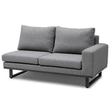 Grey fabric sofa with black metal base and right armrest, front view