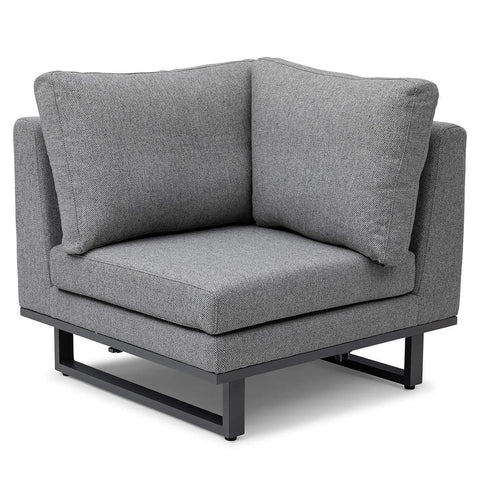 Grey corner sofa chair with metal legs and thick fabric cushions