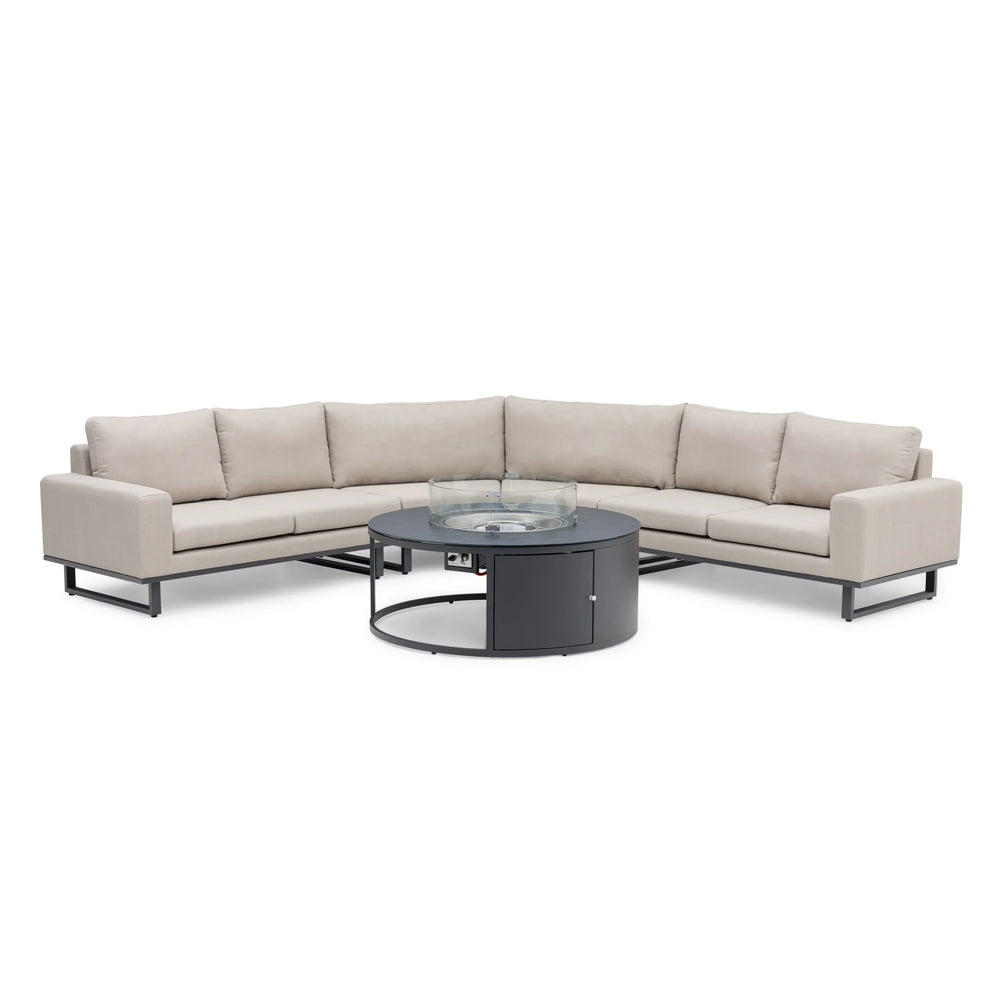 Beige corner outdoor sofa set with black metal fire pit table