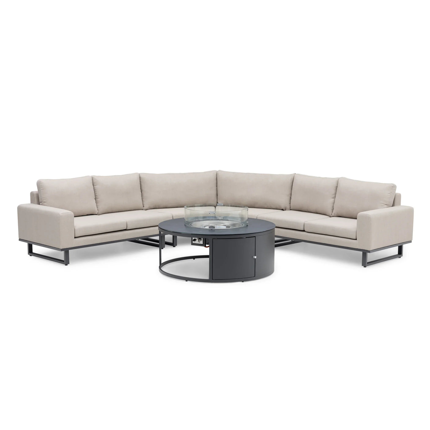 Beige corner outdoor sofa set with black metal fire pit table