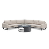 Beige corner outdoor sofa set with black metal fire pit table