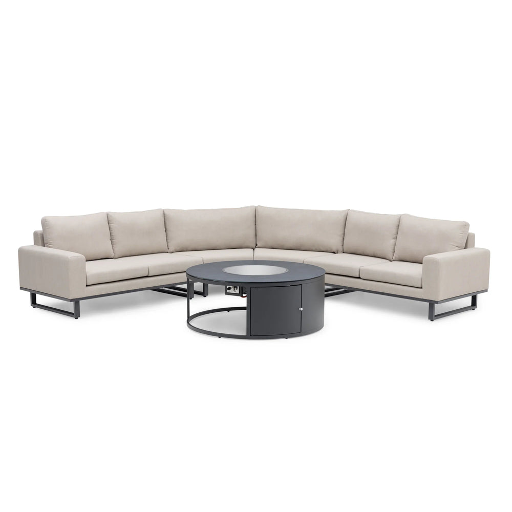 Beige corner sofa set with black metal legs and round outdoor fire pit table