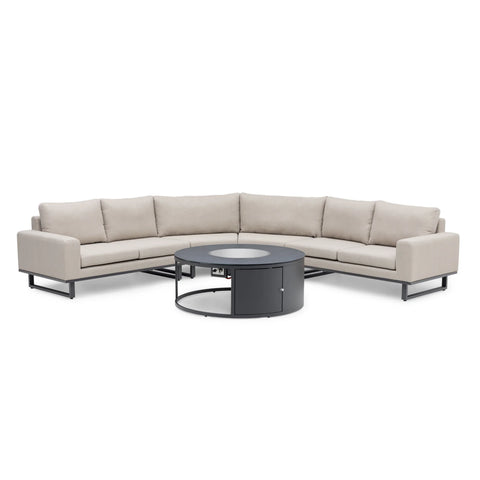 Beige corner sofa set with black metal legs and round outdoor fire pit table