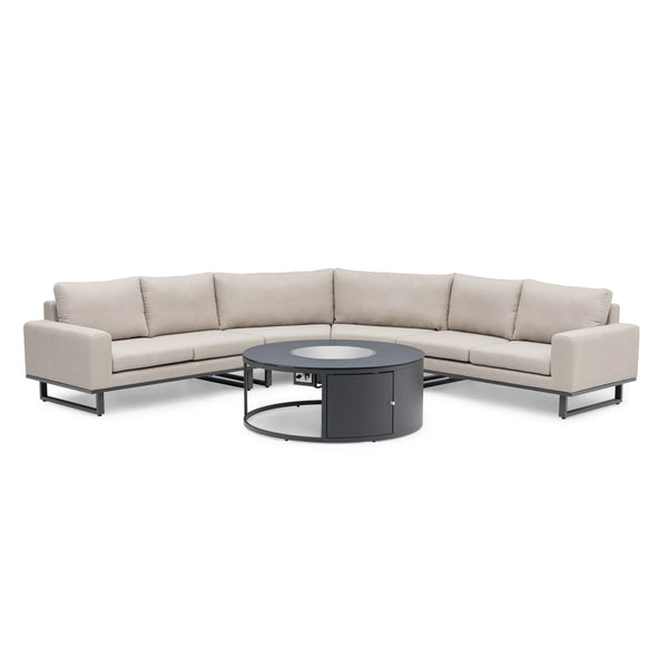 Beige corner sofa set with black metal legs and round outdoor fire pit table