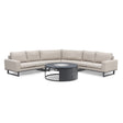 Beige corner sofa set with black metal legs and round outdoor fire pit table