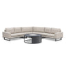 Beige corner sofa set with black metal legs and round outdoor fire pit table
