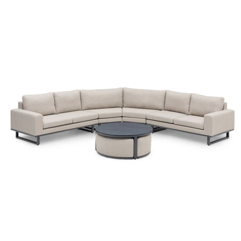 Beige corner sofa set with metal frame and round coffee table on white background
