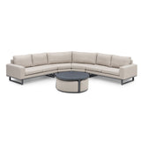 Beige corner sofa set with metal frame and round coffee table on white background