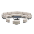 Outdoor corner sofa set with beige cushions, round coffee table and curved stools