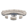 Outdoor corner sofa set with beige cushions, round coffee table and curved stools