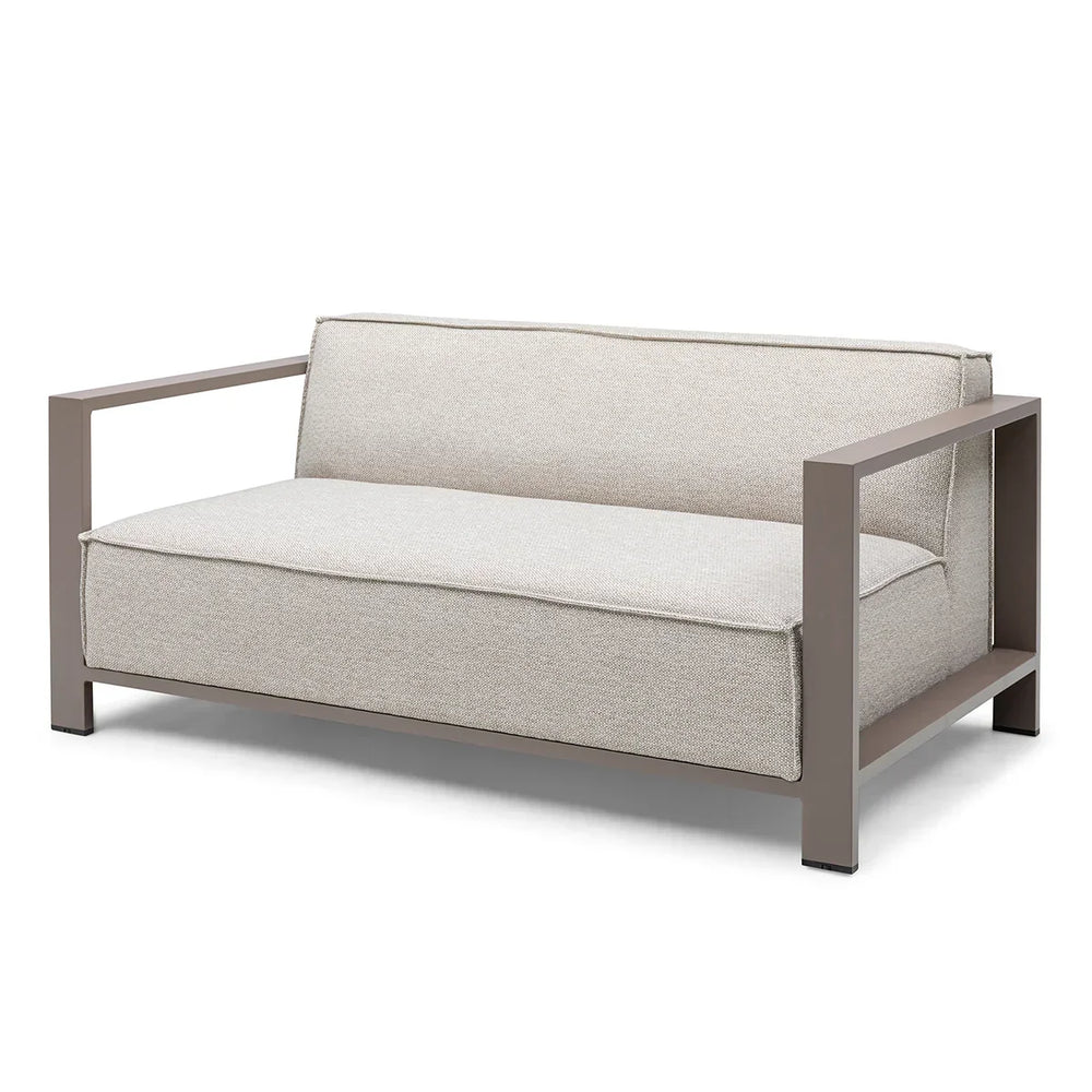 Beige two-seater sofa with metal frame and straight armrests on white background