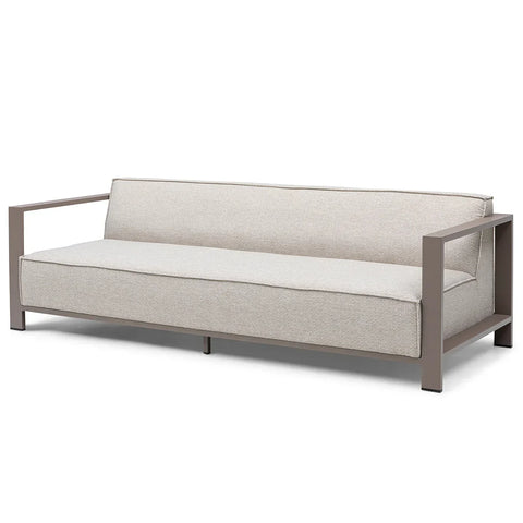 Modern beige fabric sofa with metal frame and open square armrests, front angle view