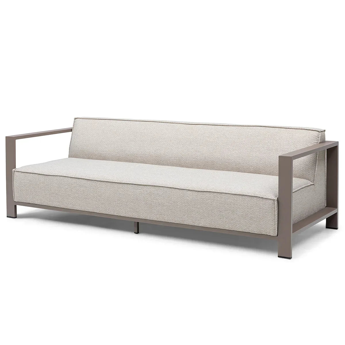 Modern beige fabric sofa with metal frame and open square armrests, front angle view