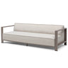 Modern beige fabric sofa with metal frame and open square armrests, front angle view