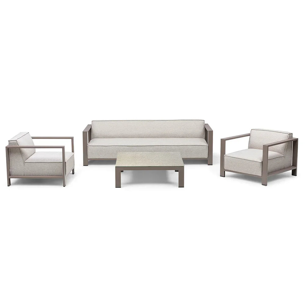 Outdoor furniture set with beige sofa, two armchairs, and square coffee table on white background