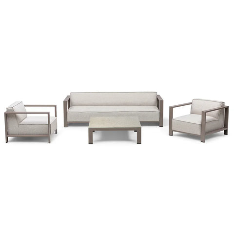 Outdoor furniture set with beige sofa, two armchairs, and square coffee table on white background