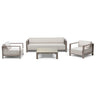 Outdoor furniture set with beige sofa, two armchairs, and square coffee table on white background