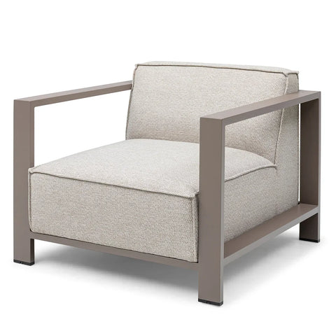 modern armchair with beige cushions and taupe metal frame, front angle view