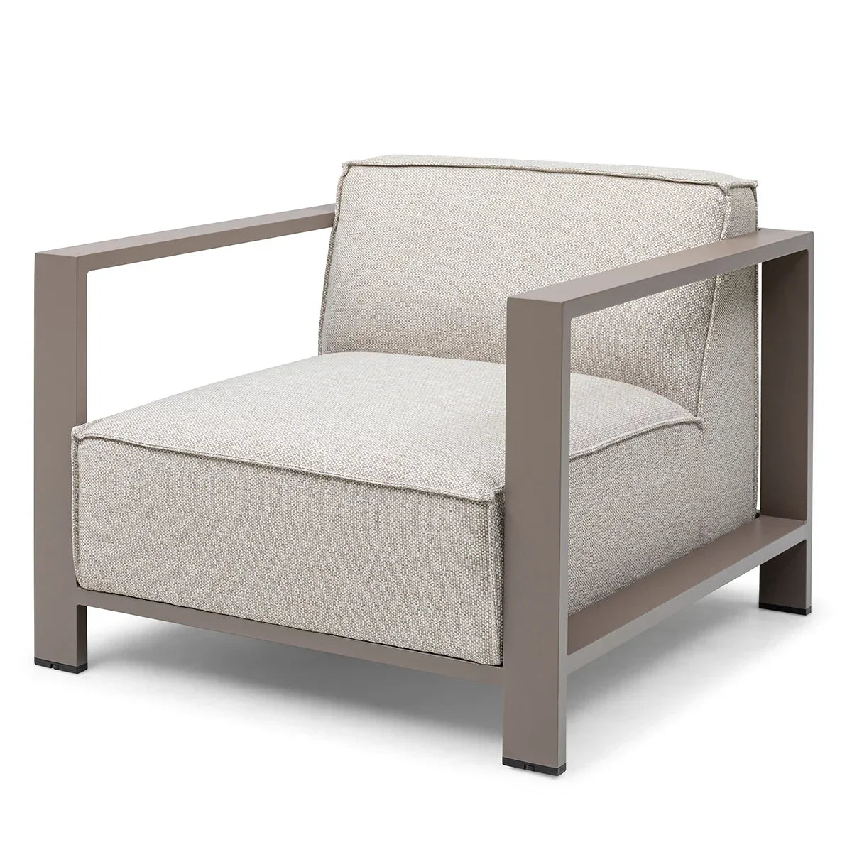 modern armchair with beige cushions and taupe metal frame, front angle view
