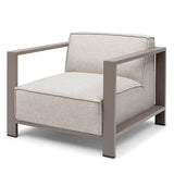 modern armchair with beige cushions and taupe metal frame, front angle view