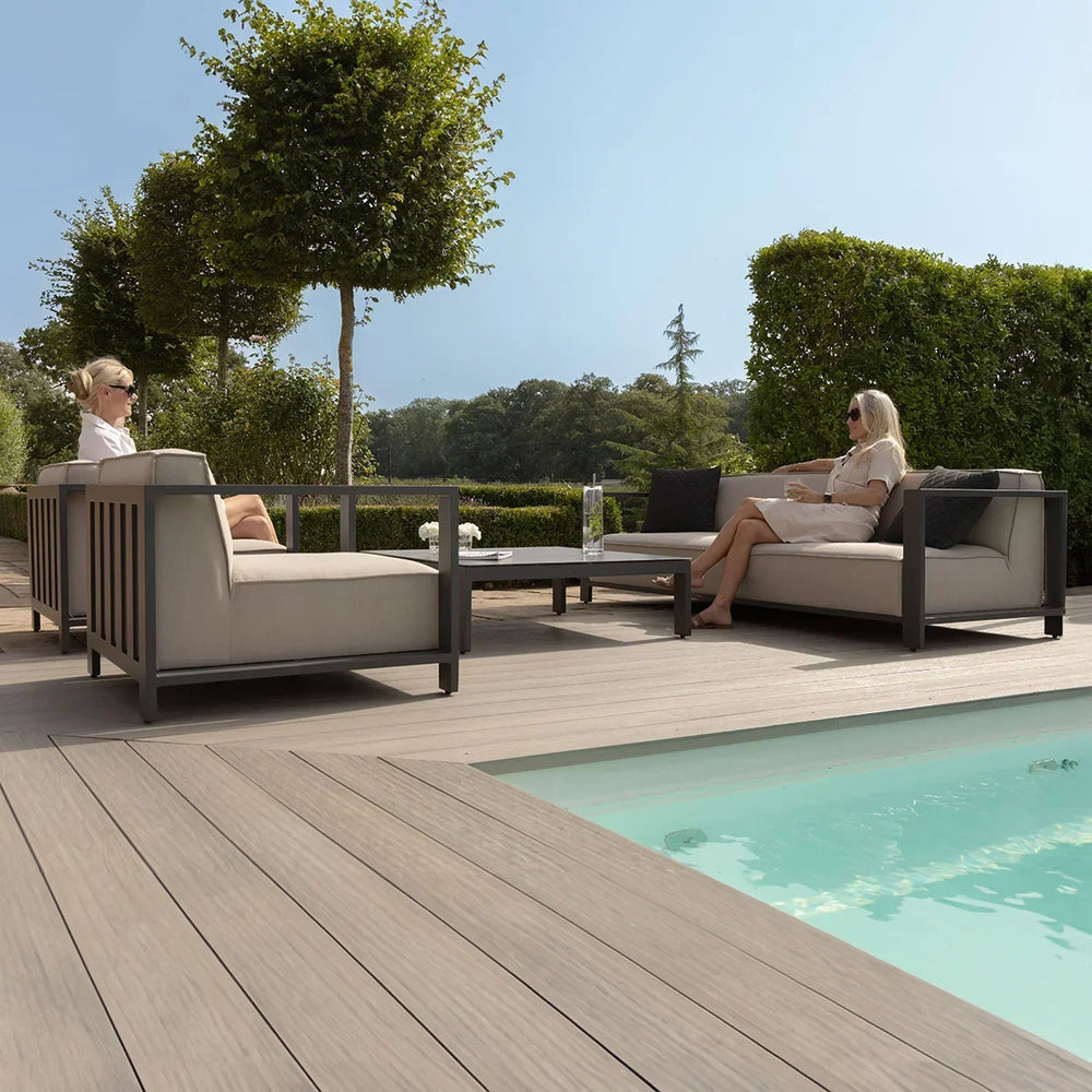 Outdoor garden sofa set with grey metal frame beside pool on wooden decking