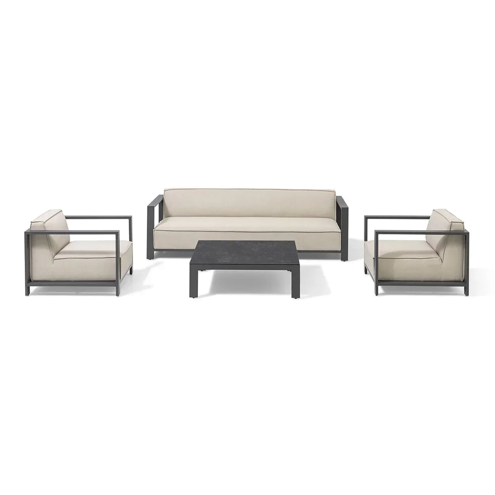 Modern outdoor sofa set with cream cushions and black frame, two armchairs and coffee table