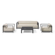 Modern outdoor sofa set with cream cushions and black frame, two armchairs and coffee table