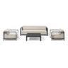 Modern outdoor sofa set with cream cushions and black frame, two armchairs and coffee table