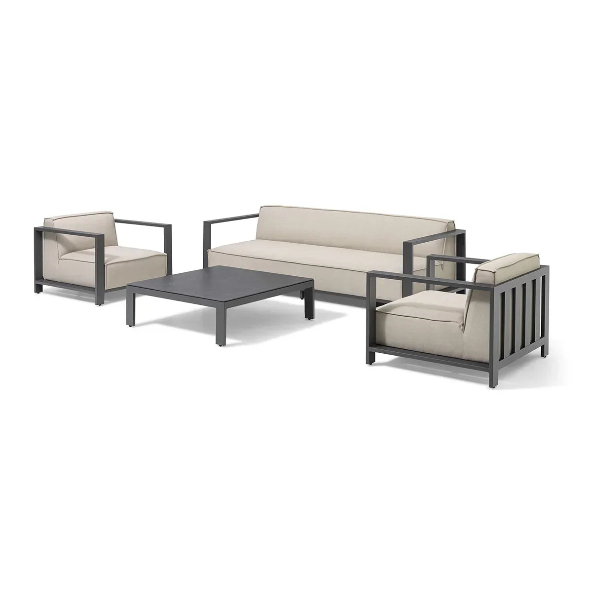 Modern outdoor sofa set with grey metal frame, beige cushions and matching coffee table