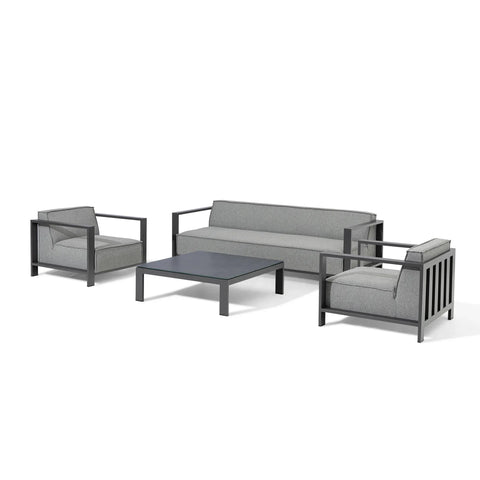 Grey outdoor sofa set with two armchairs and square coffee table, metal frame design