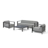 Grey outdoor sofa set with two armchairs and square coffee table, metal frame design