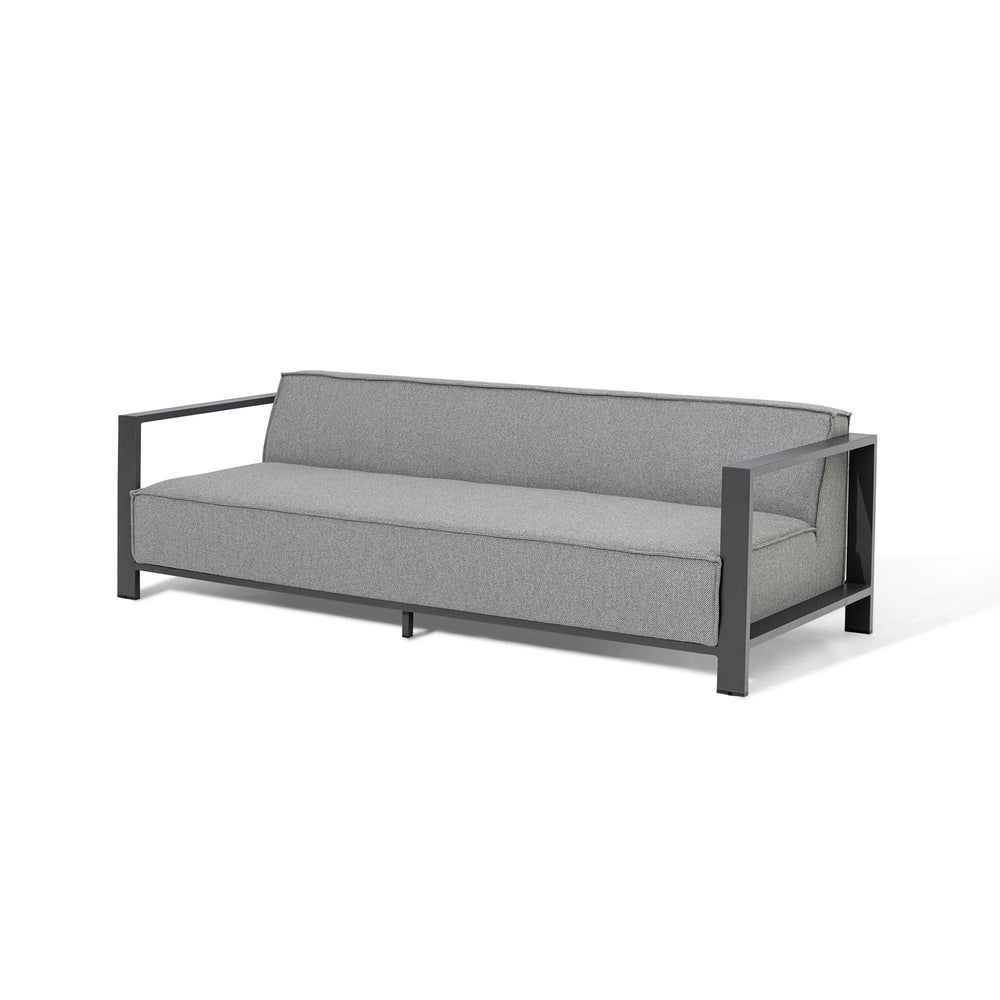 Grey fabric sofa with black metal frame and armrests, modern three-seater design