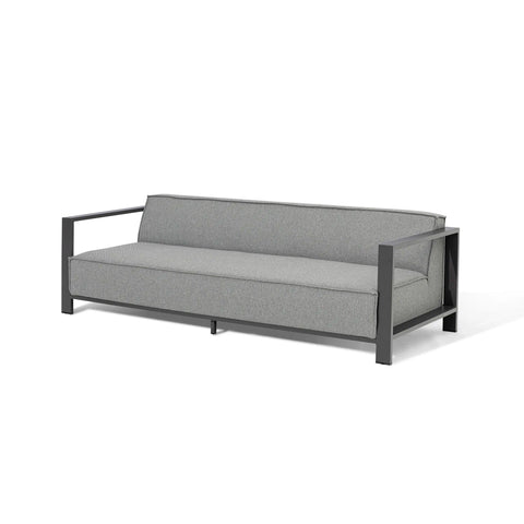 Grey fabric sofa with black metal frame and armrests, modern three-seater design