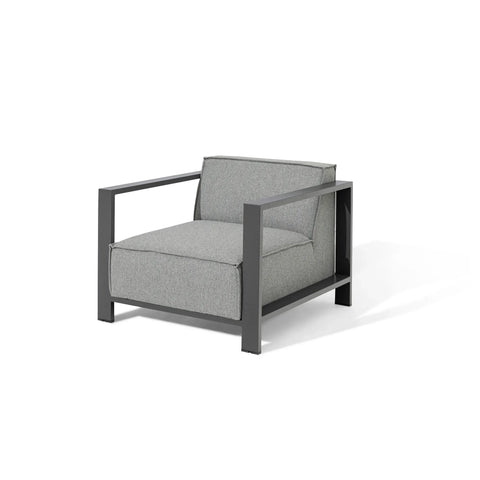 Grey armchair with metal frame and fabric cushions, modern minimalist design, angled view