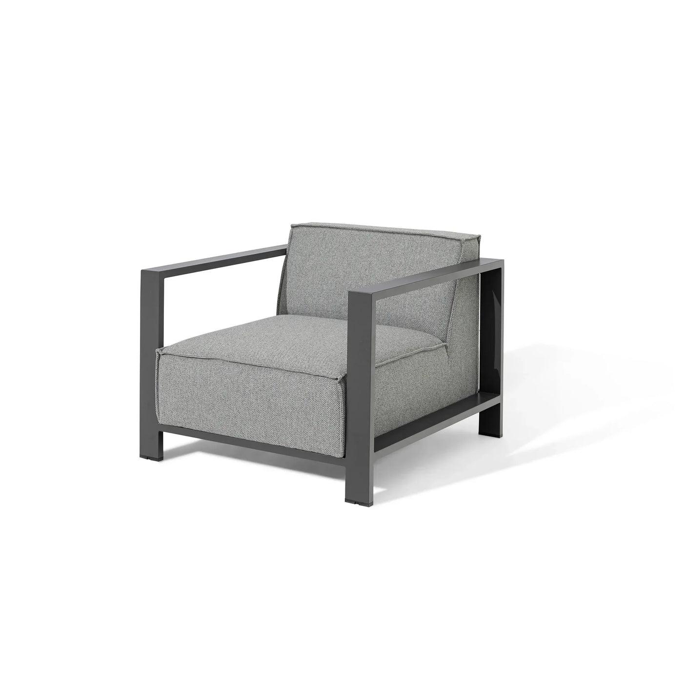 Grey armchair with metal frame and fabric cushions, modern minimalist design, angled view