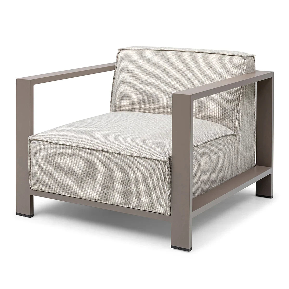 Beige fabric armchair with taupe metal frame and boxy cushions, front angled view