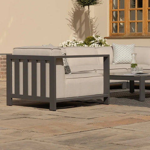 Grey aluminium outdoor corner sofa set with beige cushions and patterned throw pillows on patio