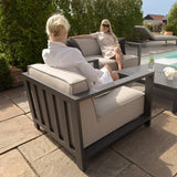 Grey metal outdoor armchair and sofa set beside pool on stone patio with two people seated