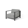 Grey fabric armchair with metal frame and wide seat, shown at a front angle on white background