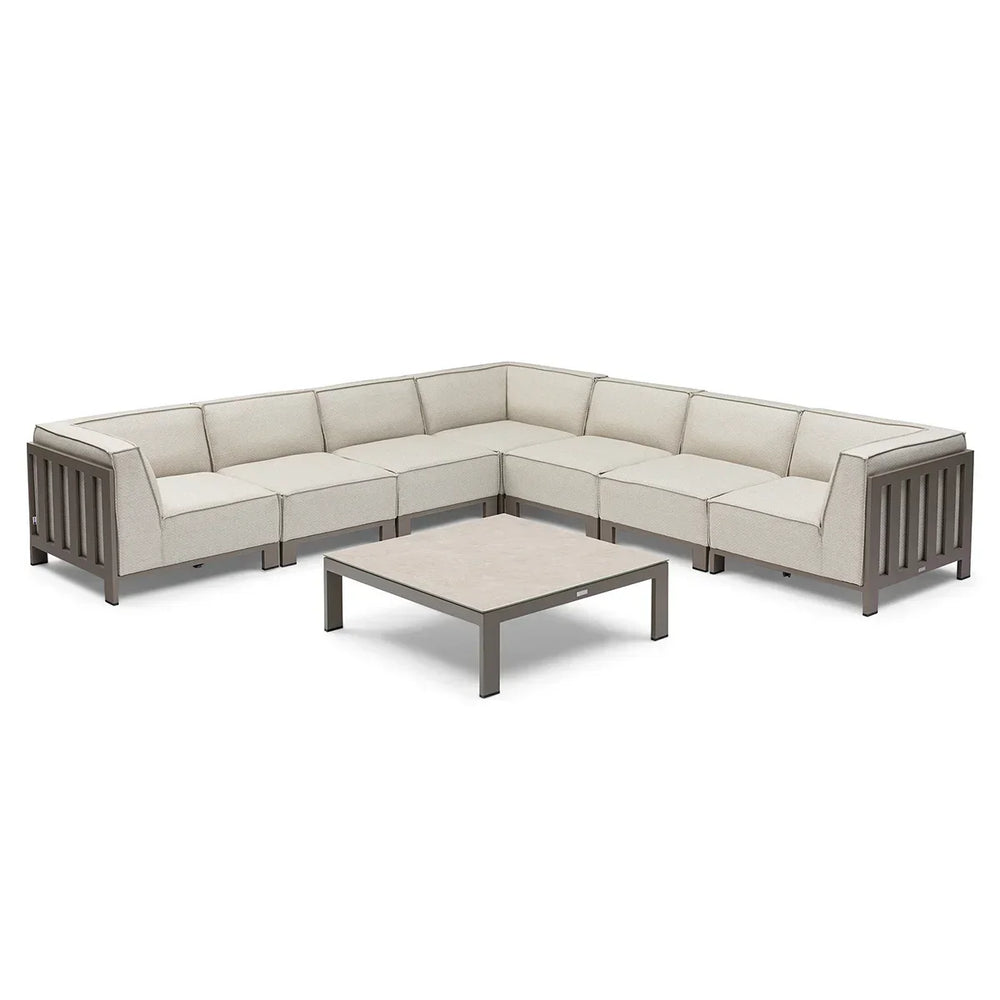 Beige outdoor corner sofa set with metal frame and square coffee table on white background
