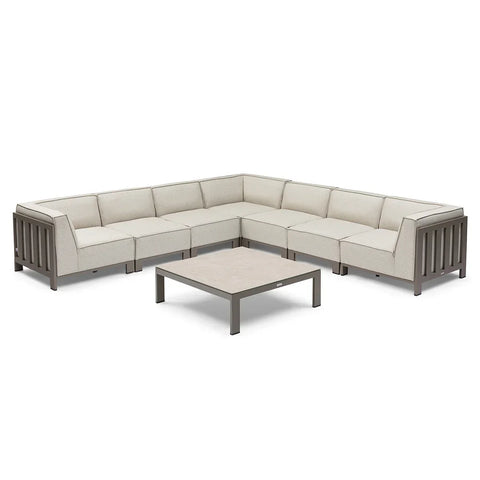 Beige outdoor corner sofa set with metal frame and square coffee table on white background