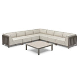 Beige outdoor corner sofa set with metal frame and square coffee table on white background