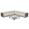 Beige outdoor corner sofa set with metal frame and square coffee table on white background