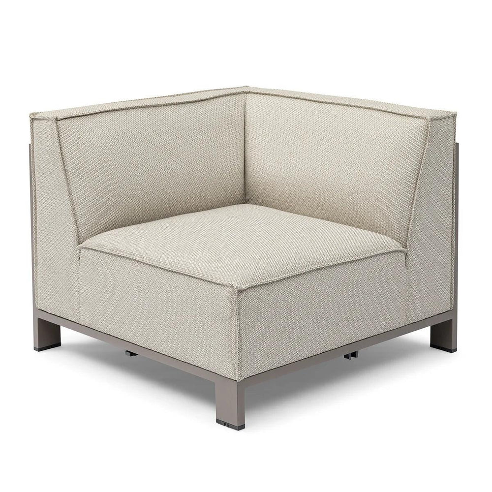 Beige corner sofa chair with textured upholstery and metal legs, suitable for modern living spaces