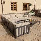 Beige outdoor corner sofa set with cushions and grey frame on patio with coffee table