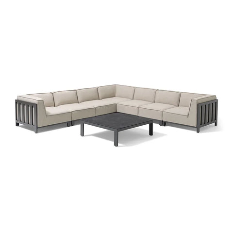 Beige outdoor corner sofa set with metal frame and square black coffee table